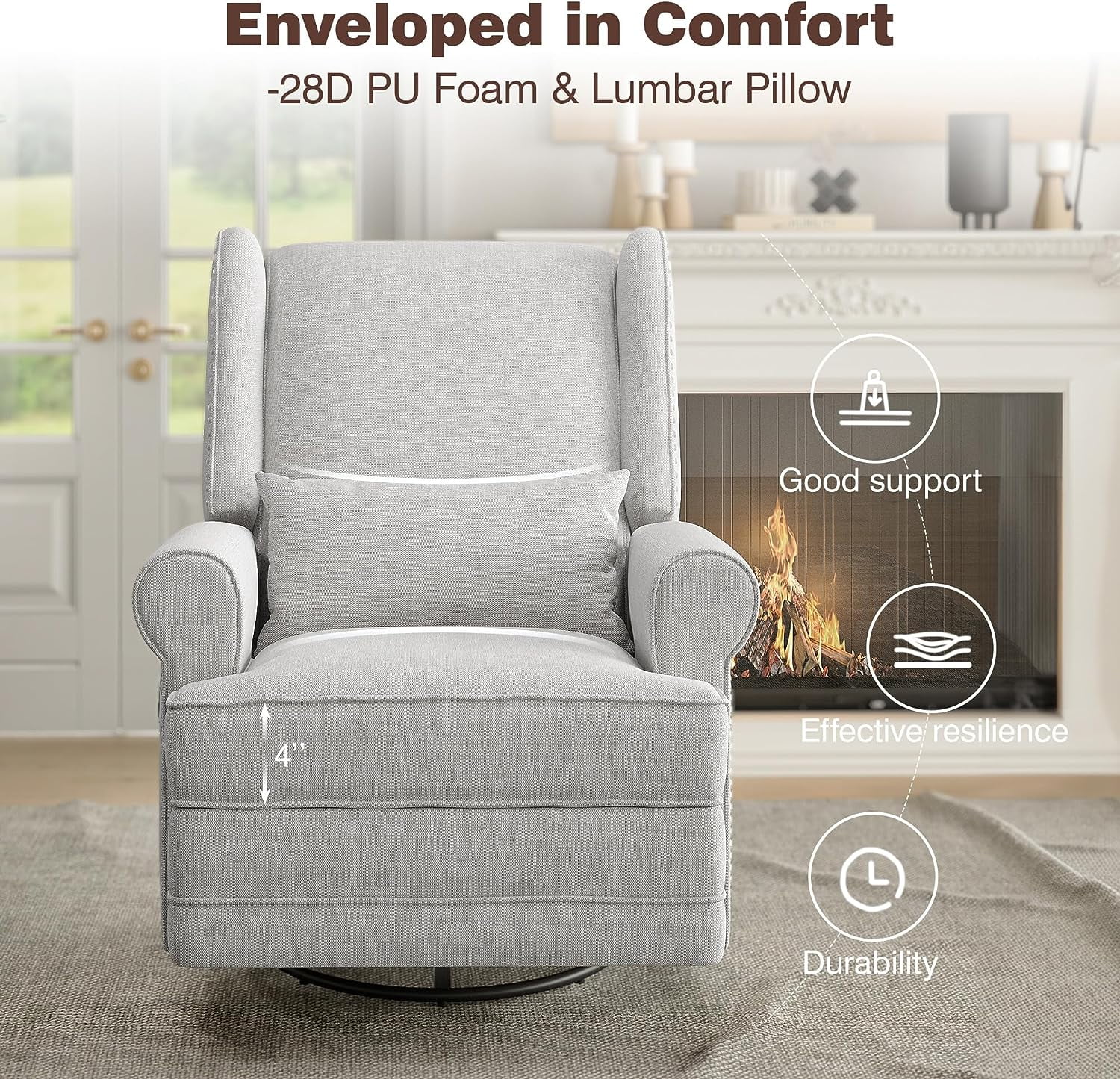 Royalcraft Swivel Nursery Glider Recliner, Comfy Upholstered Glider Chair with Lumbar Pillow and Footrest, Swivel Rocking Chair for Living Room, Grey