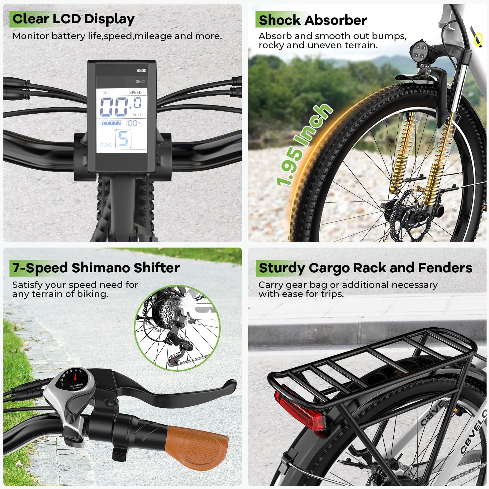 CBVELO Electric Bike for Adults, 26" Peak 1000W Motor Ebike, 48V 14Ah Removable Battery, 80 Miles Max 28MPH, 7 Speed Electric Bicycle UL2849