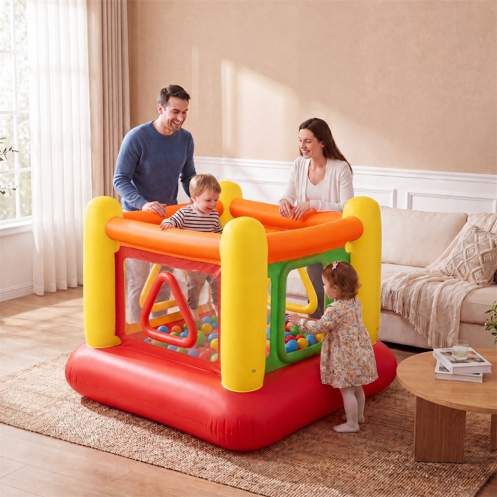 Costway Inflatable Bounce House for Kids, Blow Up Jumping House with Transparent Side Walls Red + Yellow + Orange