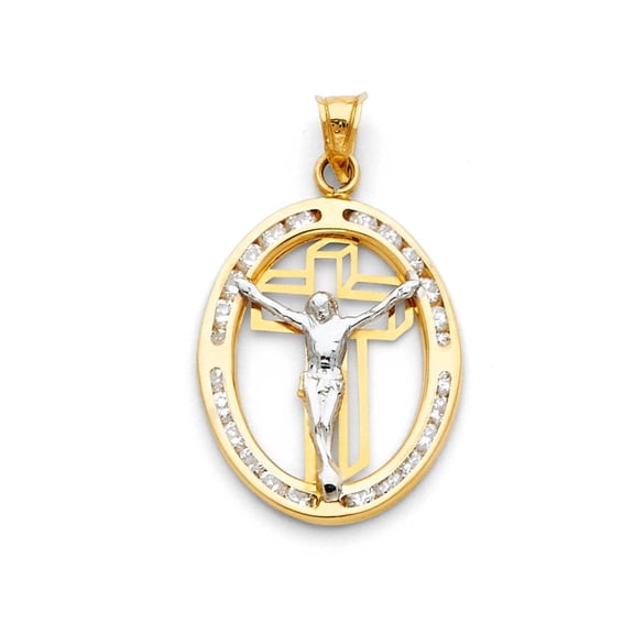 Genuine 14K Two-Tone Solid Gold Jesus Pendant with Cubic Zirconia Accents – Real Yellow and White Gold Religious Necklace Charm for Men & Women, 23mm x 18mm