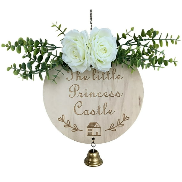 Letrero de madera de bienvenida con flor de imitación y campana para puerta de casa, colgante para puerta delantera, corona decorativa para puerta de entrada, letreros de bienvenida para puerta de