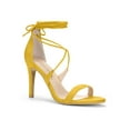 thumbnail image 1 of BLISSFUL STEP Chaussures pour Femmes Sandales à Talon Aiguille Haut à Bride Cheville à Nouer Bout Ouvert en Faux Suède Jaune 10, 1 of 8