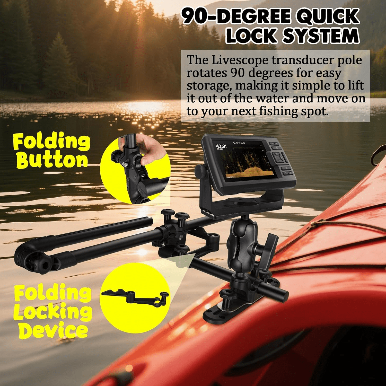 VINmounts Upgrade Livescope Transducer Pole Mount for Kayak, 360° Adjustable Live Scope Pole with Drill-Down T-Track Base, Marine-Grade Aluminum Mount for lvs34 Transducer