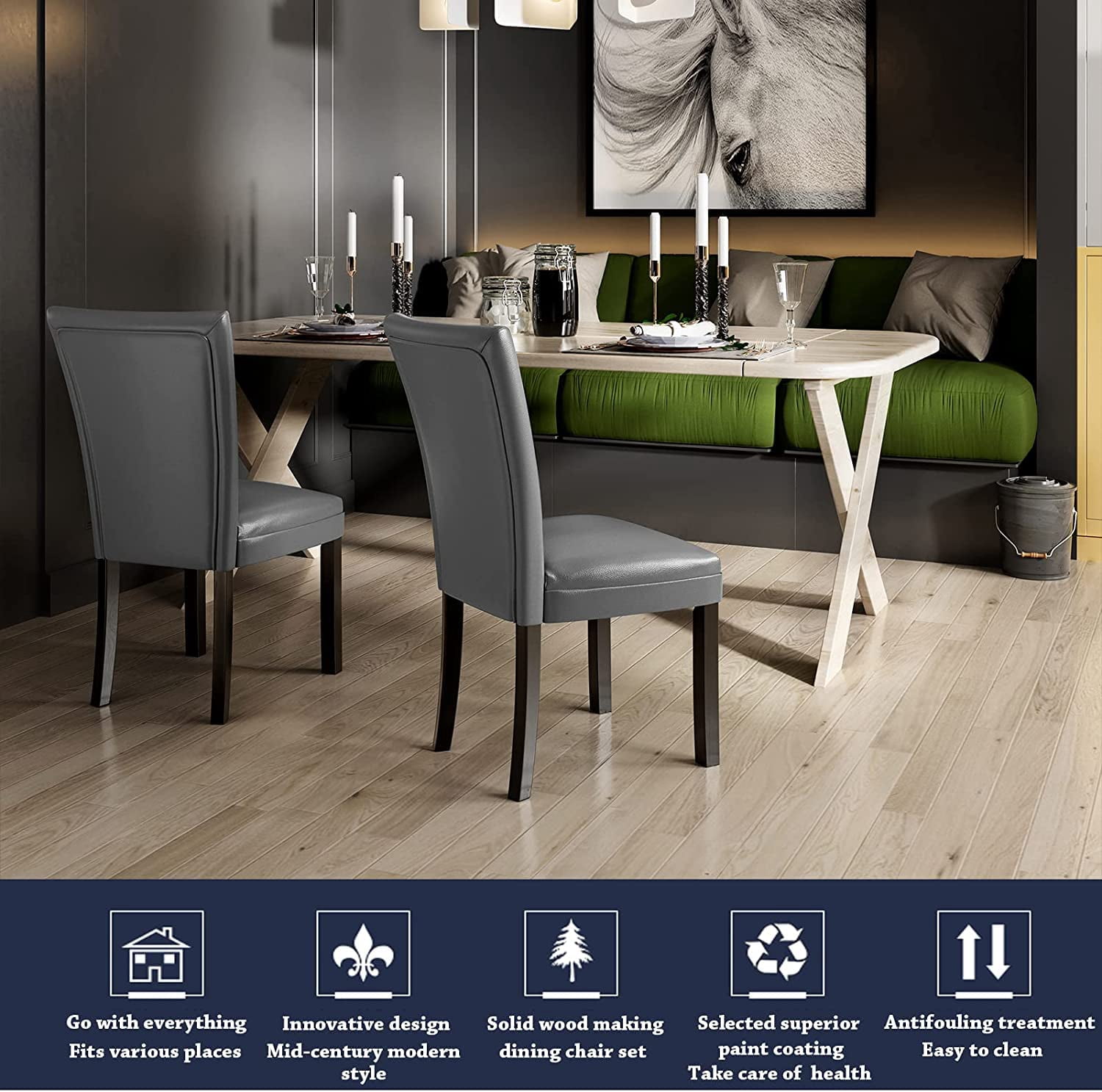 Jesonvid Faux Leather and Solid Wood Dining Side Chairs, Gray（Set of 6）