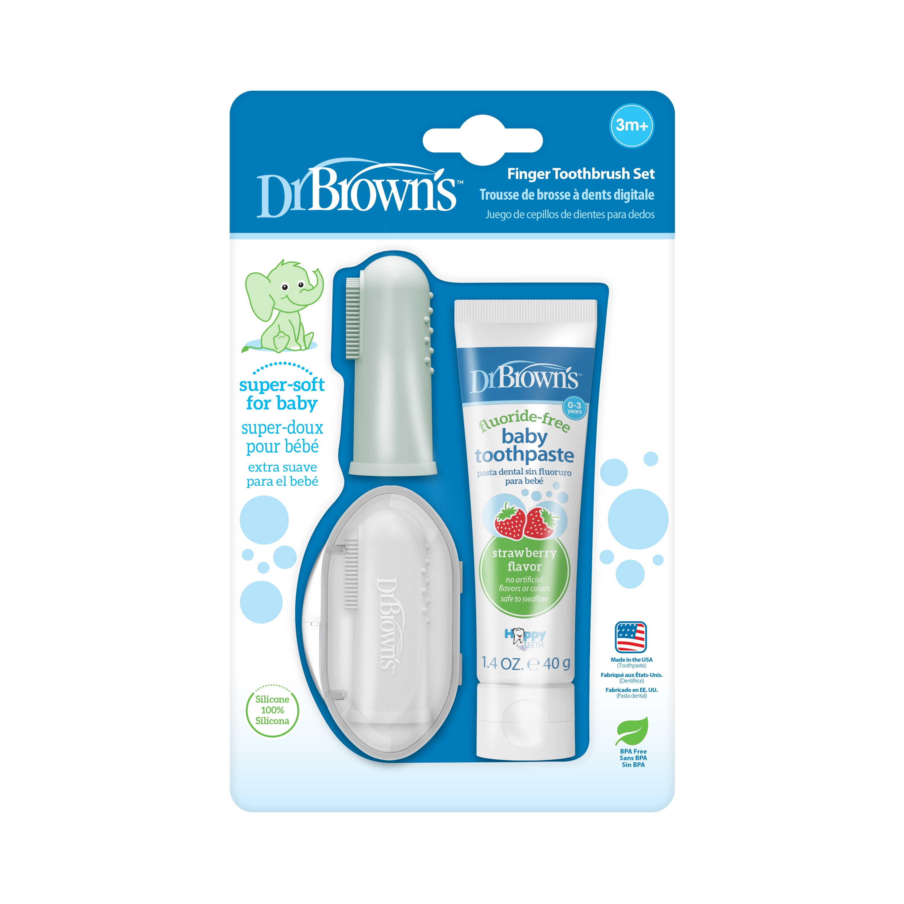 Dr. Brown's 100% Silicone Baby Finger Toothbrush, Gray/Green + Strawberry Baby Toothpaste, 0-3Y