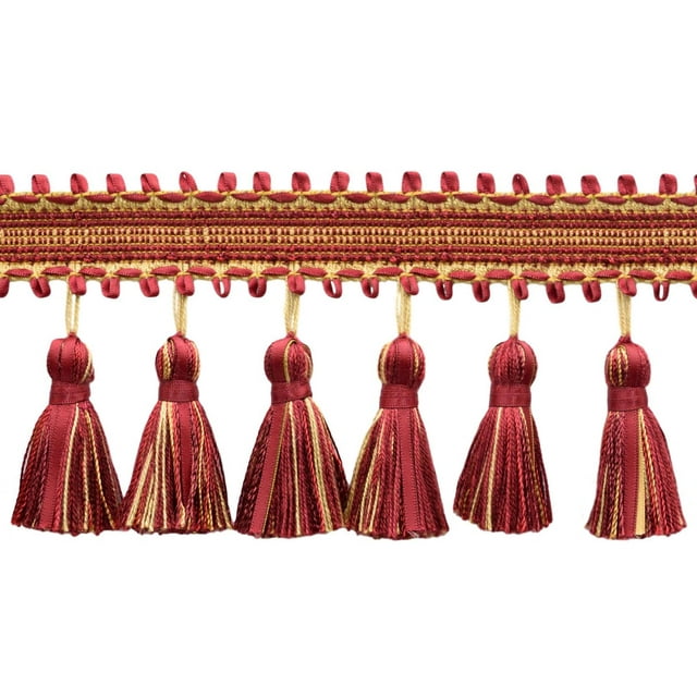 3 3/4" (9.5cm) long Heirloom Collection Ribbon Loop Gimp with Satin Ribbon Tassel Fringe Trim (Style# RTF0375), Golden Raspberry Red Multicolor (Color# 71379) 5 Yards (15 ft/4.5m)