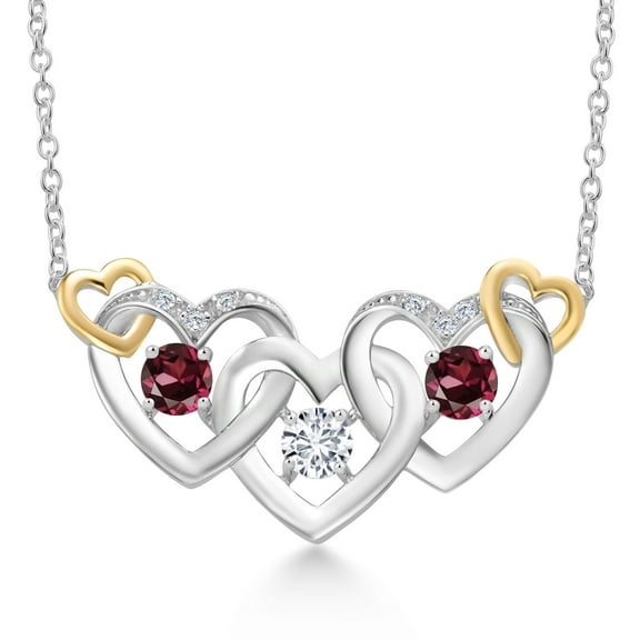 Gem Stone King 925 Silver and 10K Yellow Gold White Lab Grown Diamond and Red Rhodolite Garnet Heart Shape Pendant Necklace for Women (1.07 Cttw, with 18 inch Chain)