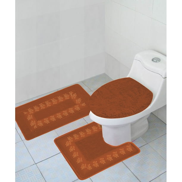 3 Piece Rust Soft Bathroom Bath Mat Set Extra Absorbent Solid Bath Rug 19"x 30", Contour Rug 19
