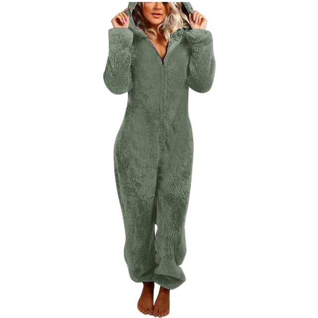 Combinaison à Capuche Manches Longues d'Hiver Confortable pour Femmes Pyjama Tenue de Détente Douce Fermeture Éclair devant