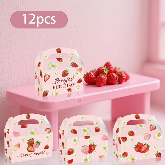 balikha 12 Pieces Strawberry Party Favor Boxes Folding Paper Treat Box 6.3x3.74x3.74" Gift Boxes Fruit Candy Box for Wedding New Year