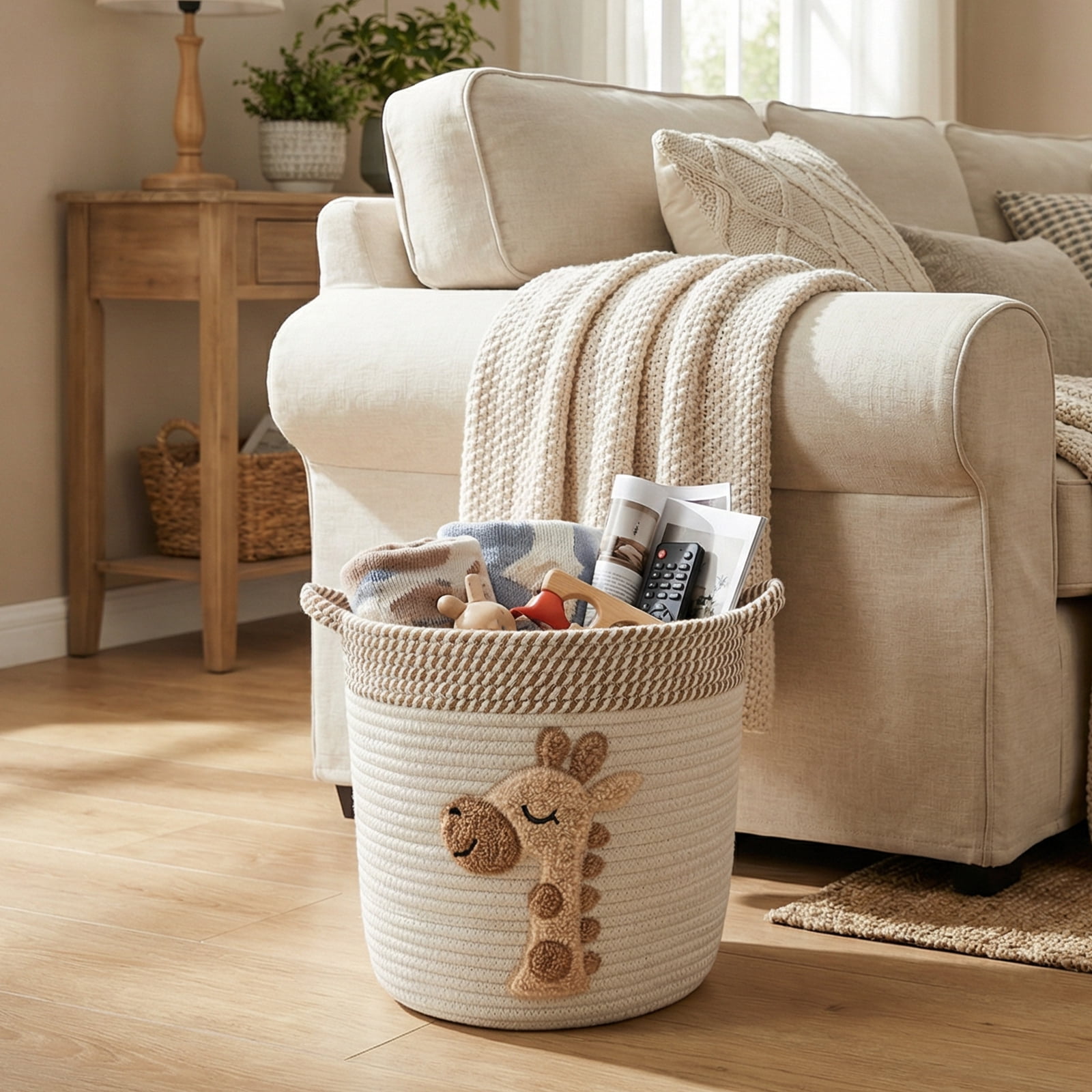 Fkszll Cotton Rope Storage Basket for Kid, Blanket Basket Dog Toy Organizer for Nursery Baby Laundry Hamper for Clothes, Animal Shape Giraffe Baskets