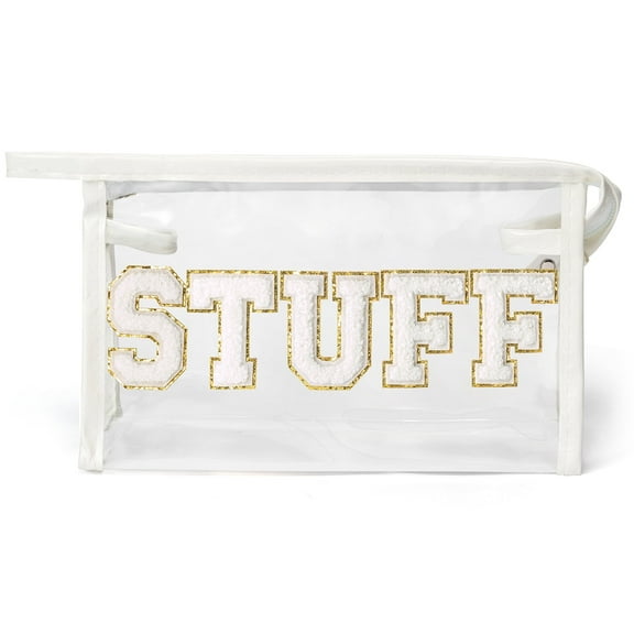 Belanttega 1Pcs STUFF Clear Makeup Bag Preppy Patch Chenille Varsity Letter Transparent PVC Large Cosmetic Pouch Portable Travel Organizer Toiletry Zipper Bag for Women Embroidered White Letters