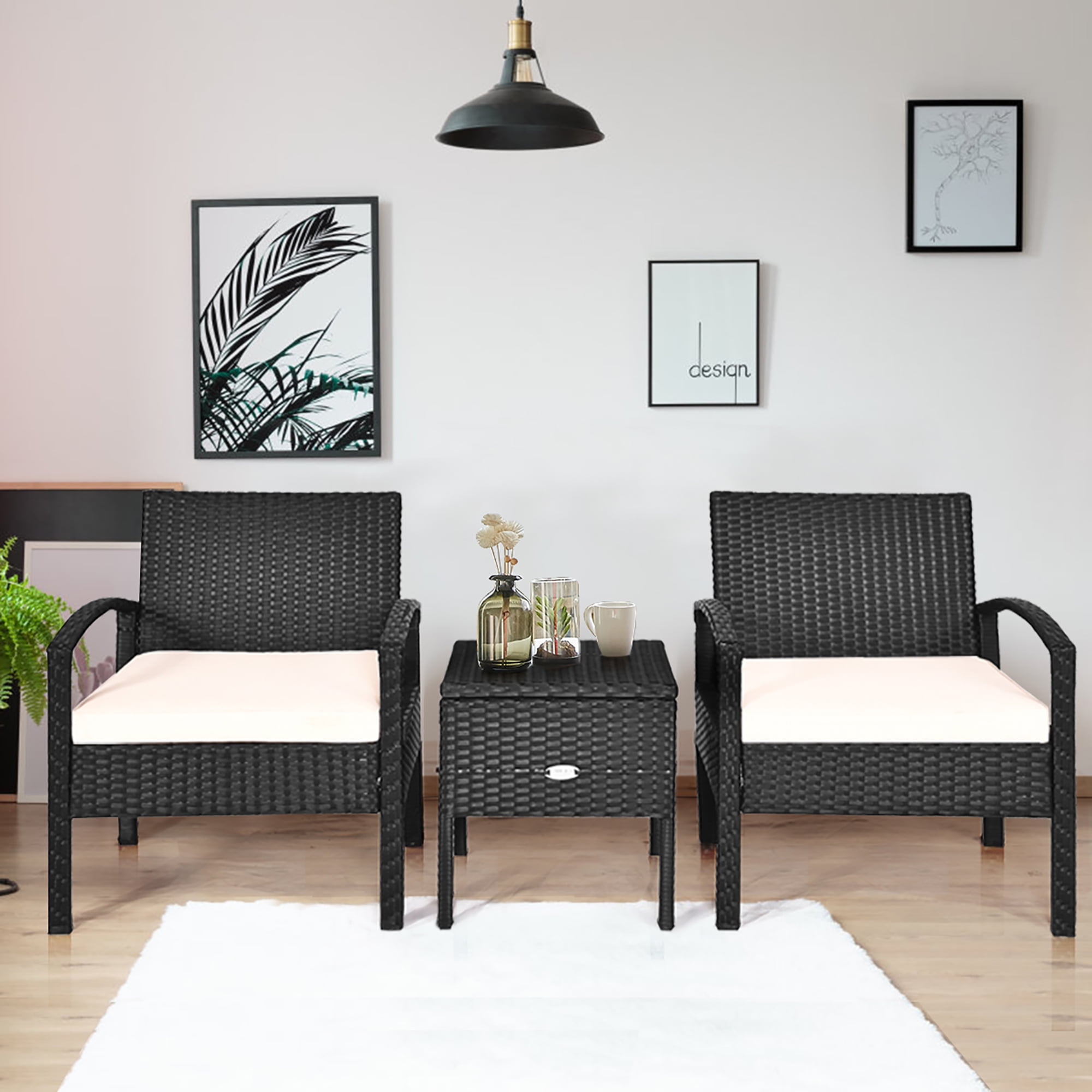 Costway 3PC Outdoor Patio Rattan Furniture Set Storage Coffee Table Cushioned Sofa White