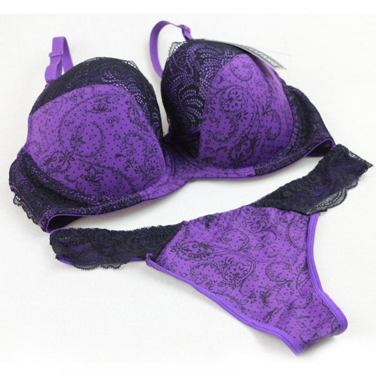 Saient Lace Embroidered Padded Lingerie Push Up Gather Adjustable Push Up  Bra With Panty Intimates Sexy Women Solid Bra Set,Purple,40D 
