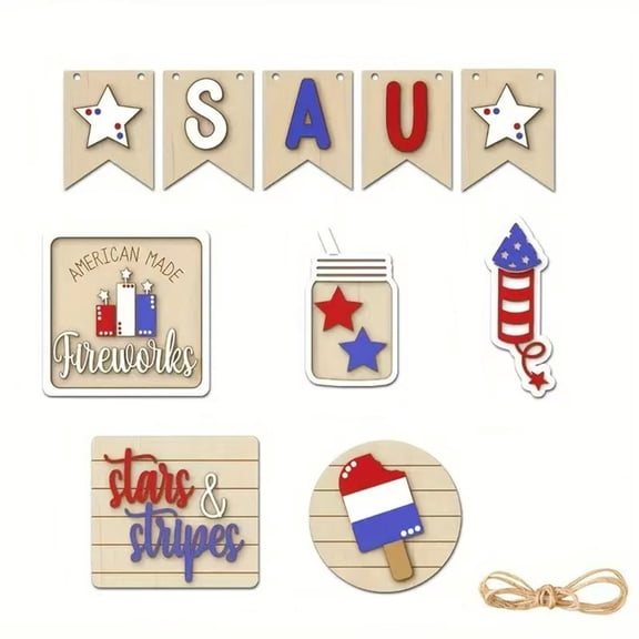 Patriotic Wooden Americanas Decor, 4th of July Independence Day Tabletop Signs, USA Flag Themed Home Ornament, Memorial Day Mantel Shelf Decor, Wooden Craft Set