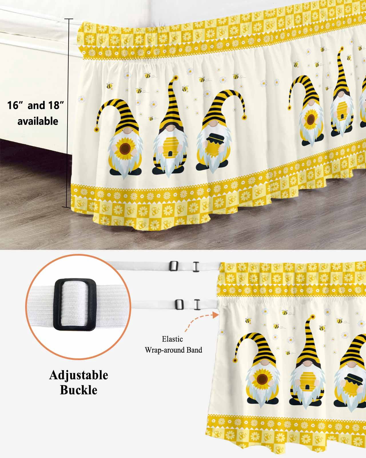 Sweet Gnomes Bed Skirt Bee Daisy Yellow Plaid Bed Skirts Queen Size 18 Inch Drop, Wrap Around Dust Ruffle&nbsp;Bedskirt with Adjustable Elastic Belt for Queen Size Beds