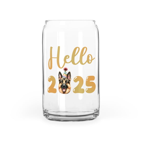 Hello 2025 German Shepherd Celebrates Happy New Year Firework Balloon 16oz Glass Cup Mug Alsatian Dog Lover Gifts Glass Can - 02024