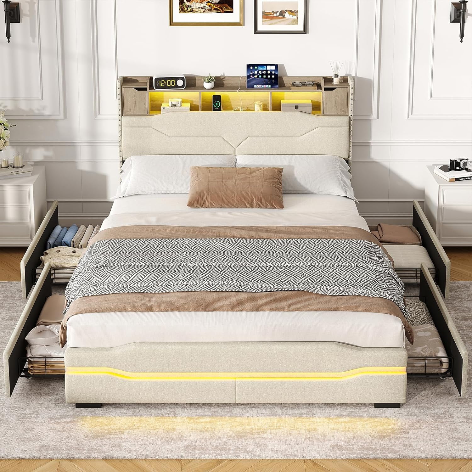 Vabches Queen Bed Frame with LED Lights & Charging Station, Upholstered Headboard Bed with 4 Large Storage Drawers & Metal Support Base, No Box Spring Needed