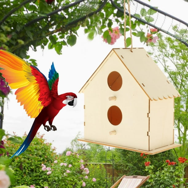Casa de pájaros de madera natural Cola estilo 6 para colgar en el exterior