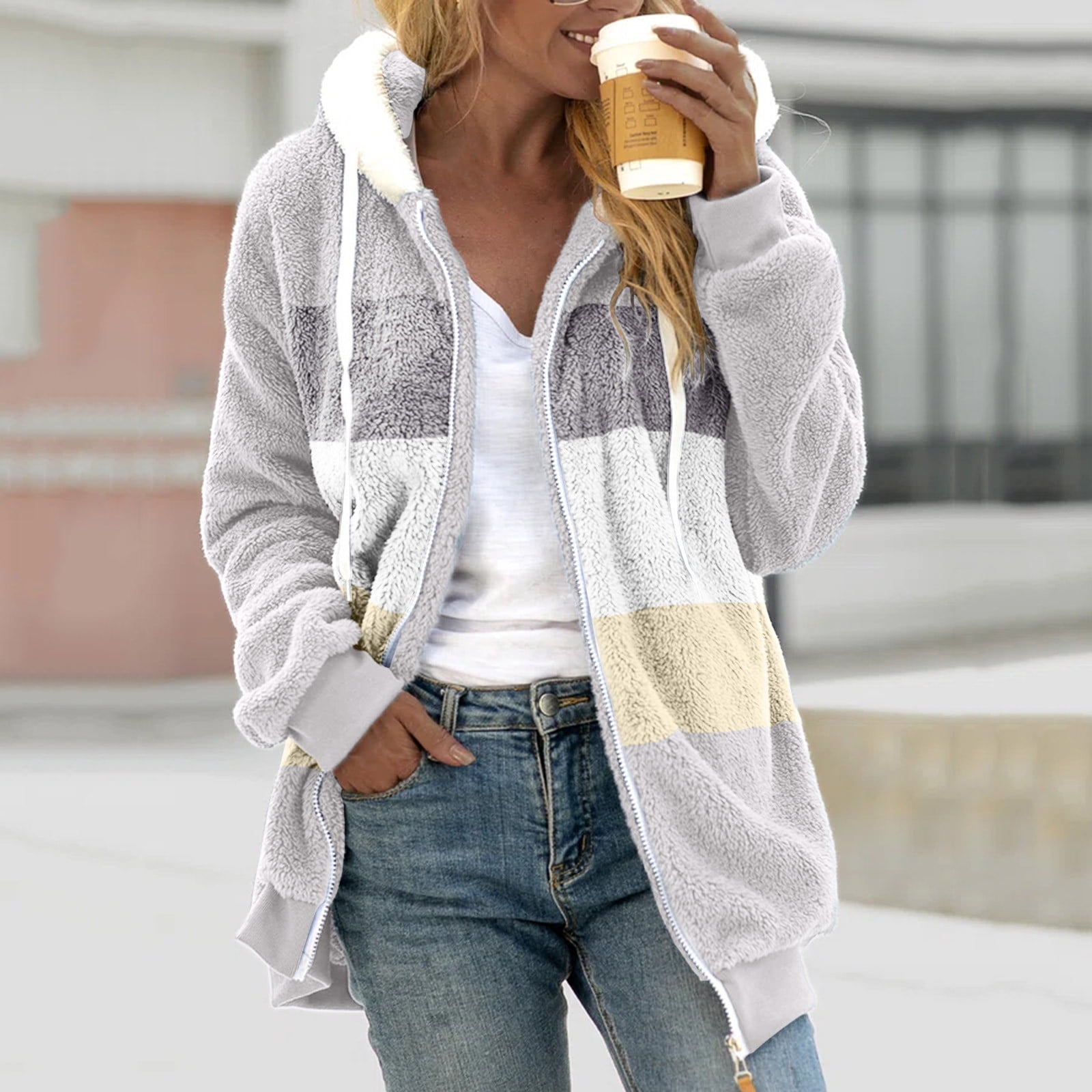 EGNMCR Womens Winter Fuzzy Fleece Jacket Hooded Color Block Patchwork Cardigan Zipper Pullover Coats Outerwear with Pockets