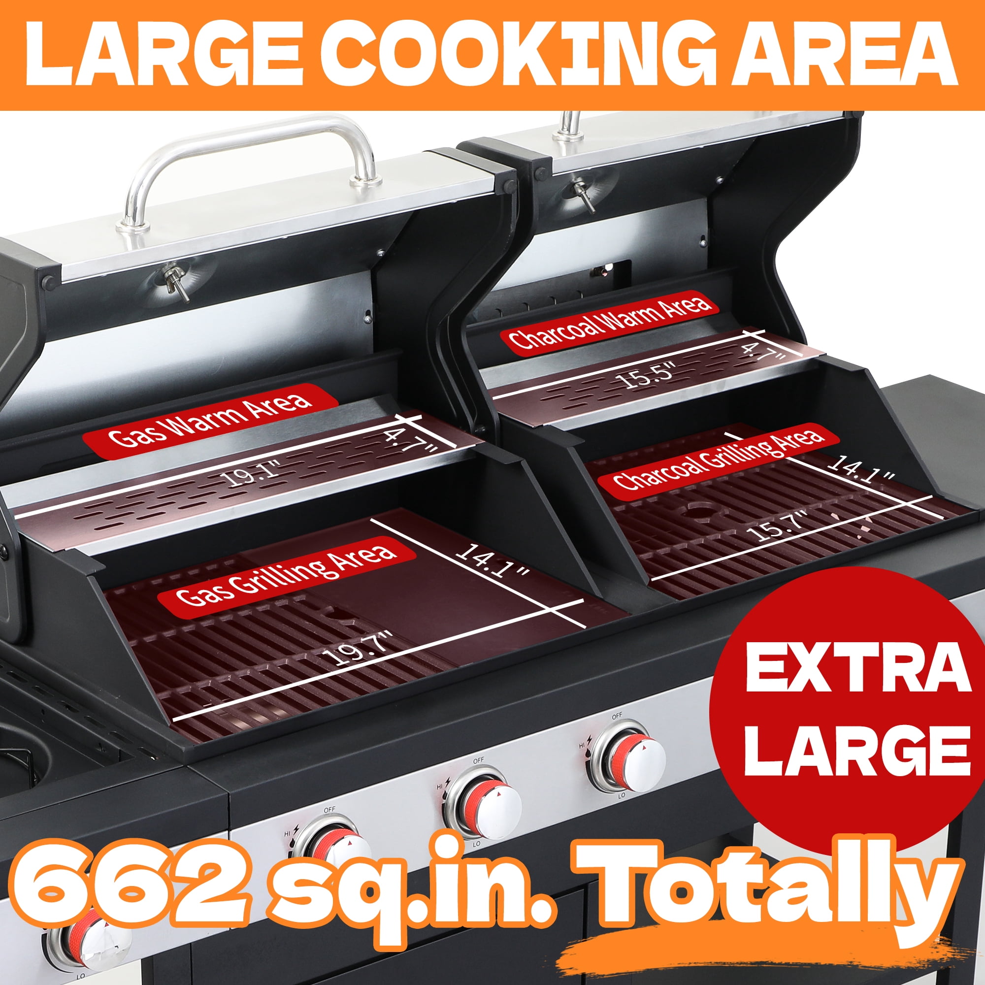 3-Burner Propane & Charcoal Combo Grill with Side Burner - 37,230 BTU Outdoor BBQ - Ceramic Cast Iron Grates & Stainless Steel Warming Rack - Backyard Barbecue