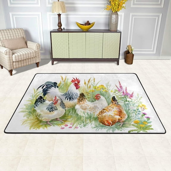 SKYSONIC Area Rug Carpet Chicken and Rooster in The Grass Doormat for Hardwood Floor Entrance Living Room Bedroom 24x36 Inch