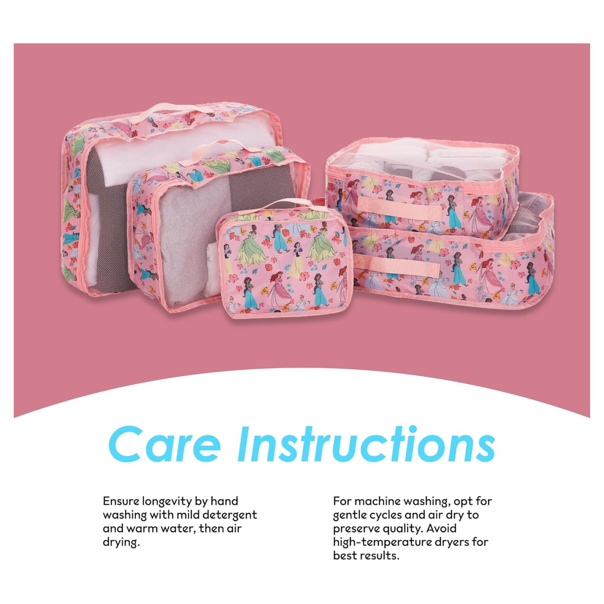 Disney Princess Packing Cubes, 5 Piece Organizer Set Travel Essentials Bags for Kids and Adult Pink