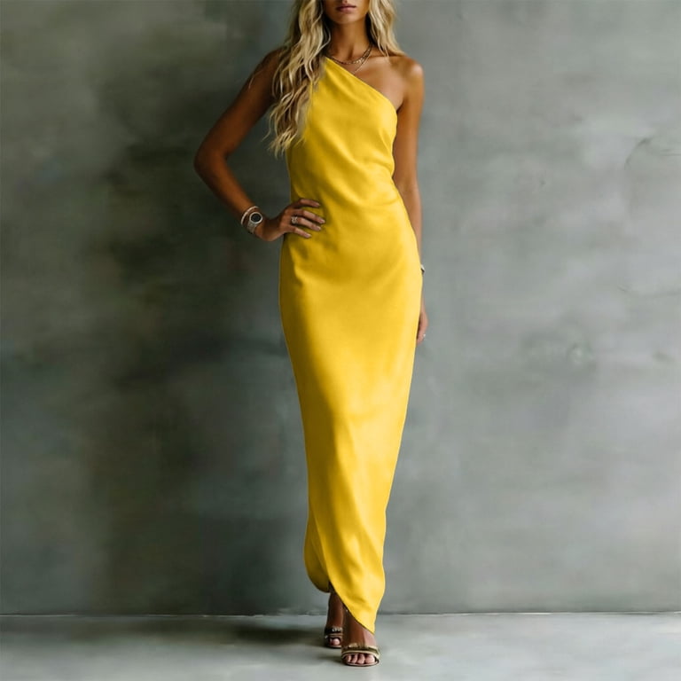 flowy bodycon dress Women's Solid Shoulder Satin Long Evening Gown Elegant Yellow XL 57in;2xl Western Fashion Buy Lipsy Black Fit Color:1006-White