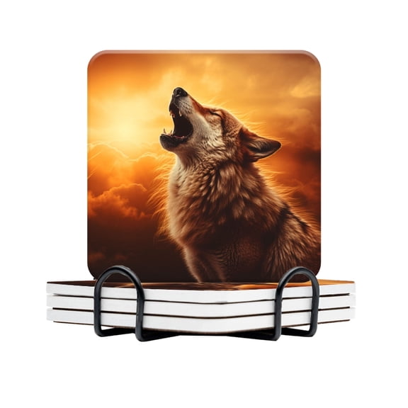 BaHomeck Drink Coasters Set Of 4 With Holder Majestic Wolf Growled At The Sky Water Absorbent Ceramic Coasters Tabletop Protection,Suitable For Various Cup,Home Decor