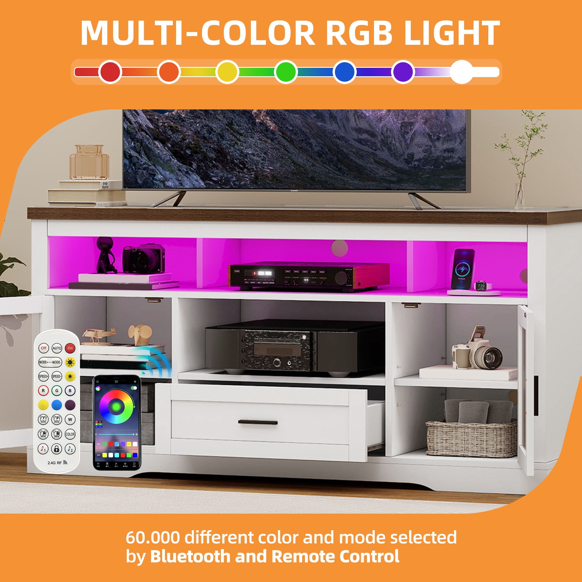 Uforic LED TV Stand for TV up to 65", Highboy Entertainment Center w/Outlets & USB Ports, Media Console Cabinet w/Glass Doors, White