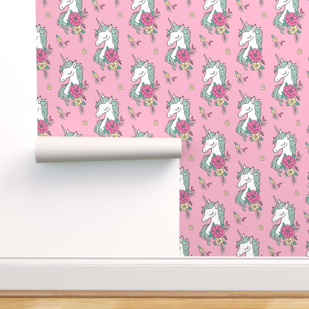 Peel & Stick Wallpaper 9ft x 2ft - Dreamy Unicorn Vintage Boho Flowers