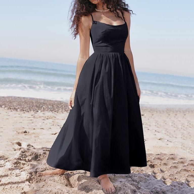Women Sleeveless Sling Long Dress Summer Solid Color Backless A Line Bandage Dress Casual Dresses for Women Summer Women Midi Dress Women's Summer Dress Womens Dresses plus Size Max Dress for Women