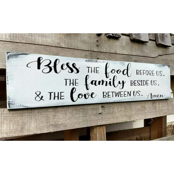 Bless The Food Before Us Wall Decor Farmhouse Rustic Kitchen Wooden Signs Wall Decor Hanging Wall Plaques,Inspirational Quotes The Family Beside Us and The Love Between Us Signs 4x16 Inch