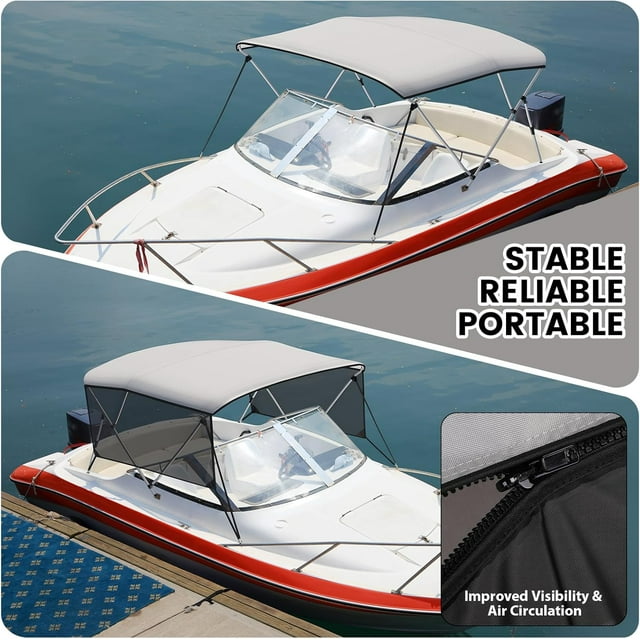 AKDSteel 3 Bow Bimini Top Cover with 2 Removable Side Curtains, 2 Rear Support Poles, Zippered Storage Bag, Marine Grade Canvas