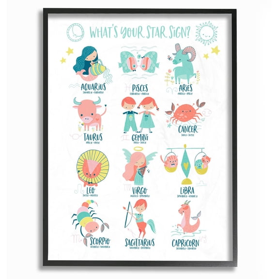 The Kids Room by Stupell Fun Modern Zodiac Star Sign Cartoons Framed Giclee Texturized Art, 11 x 1.5 x 14