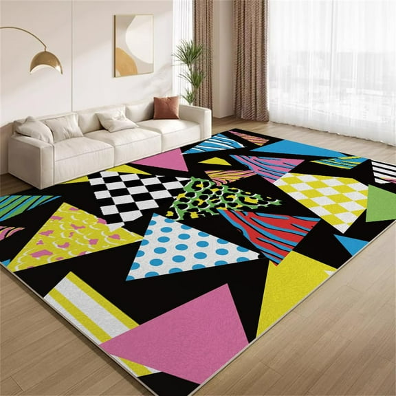 4x8ft Retro 80S Style Area Rug, Colorful Cute Geometric Pattern Design Living Room Rug,Soft Low Pile Living Room Carpet, Non-Slip Washable Nursery Balcony Kitchen Rugs
