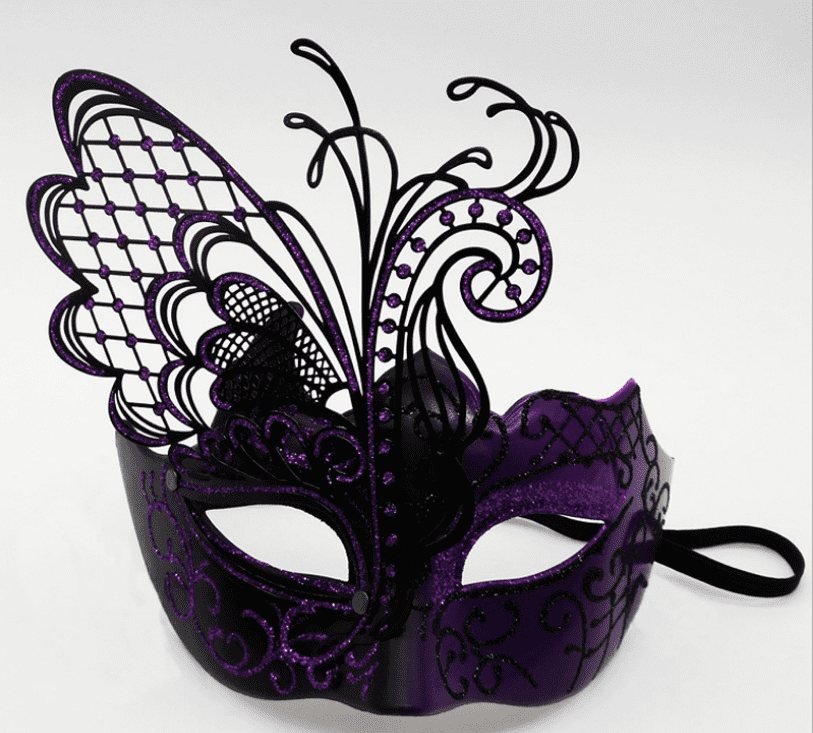Elastic Band. Black Purple Glittery Butterfly Mask Mardi Gras Halloween 