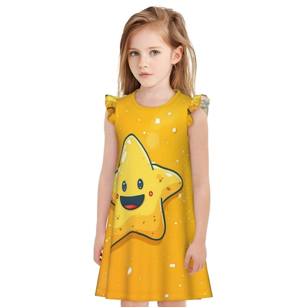 Balery Happy Cartoon Star Camisón de princesa para niñas, pijama de algodón con mangas abullonadas, suave y bonito.-Large