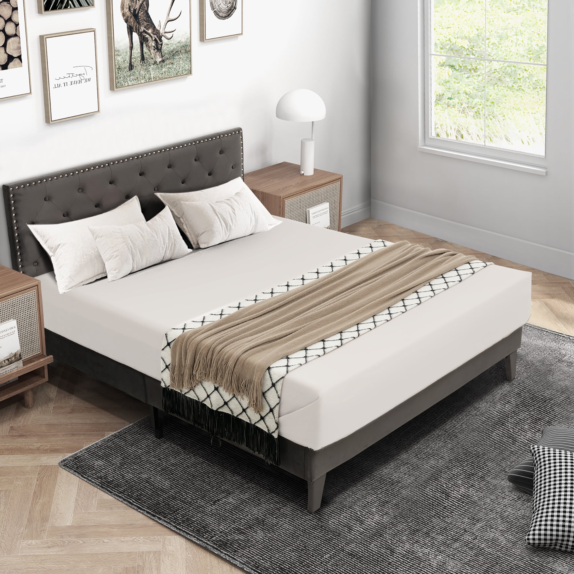 Costway Queen Bed Frame Upholstered Platform Bed with Tufted Headboard Mattress Foundation
