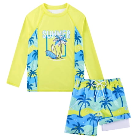 Aideaone 2 Piece Boys Swim Set with Swim Trunks Kids Rashguard Swimsuits Qiuck Dry Size 7-12