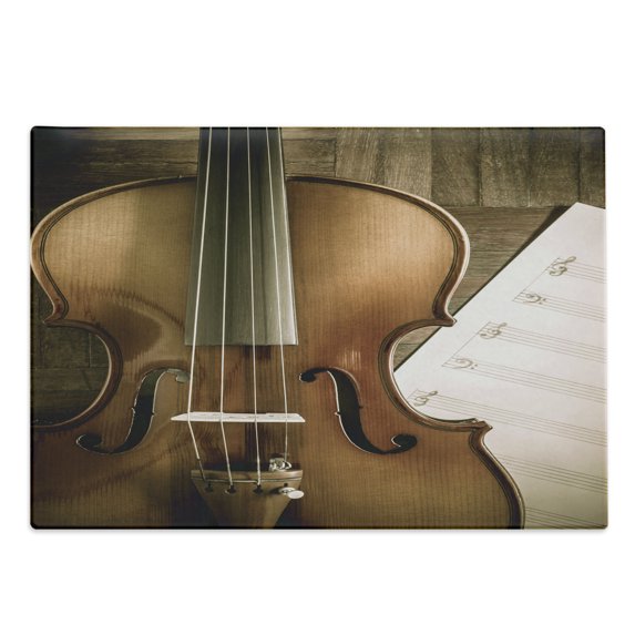 Violin Cutting Board, Classical Music Themed Photo of Instrument and Empty Music Sheet, Decorative Tempered Glass Cutting and Serving Board, in 3 Sizes, by Ambesonne