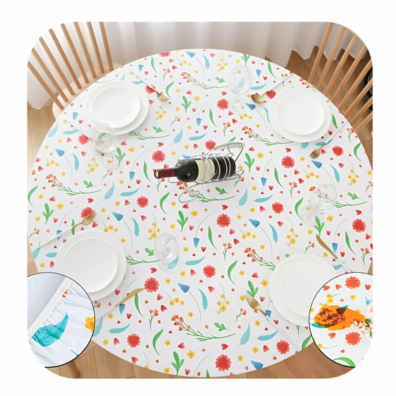 AUQ Round Fitted Vinyl Tablecloth with Elastic Edged & Flannel Backing,Fits Tables Up to 45"-56" Diameter (Red Flower)