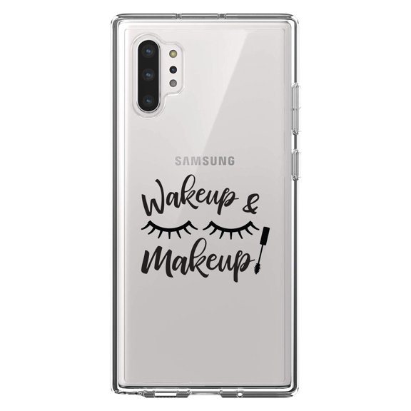 DistinctInk Clear Shockproof Hybrid Case for Galaxy Note 10 PLUS (6.8" Screen) - TPU Bumper Acrylic Back Tempered Glass Screen Protector - Wake Up & Makeup - Eye Lashes
