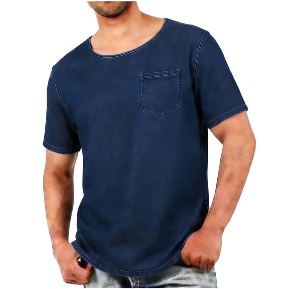 Ohufall Mens Pocket T-Shirts Solid Color Imitation Denim Top Short Sleeve Loose Crew Neck Casual Daily Summer Fashion Tshirt