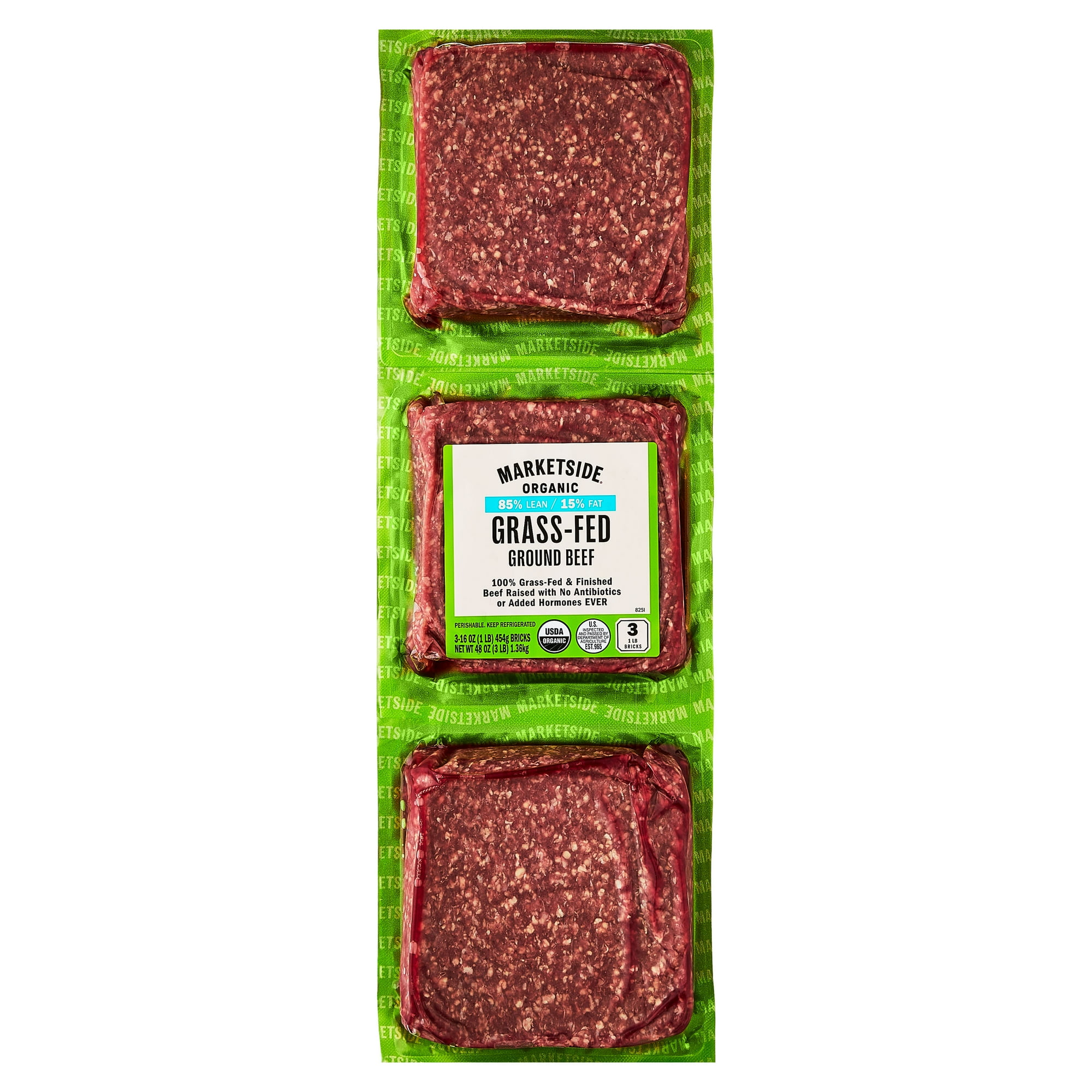 Marketside Organic Grass-Fed Ground Beef, 85% Lean/15% Fat, 1 lb, 3 Count