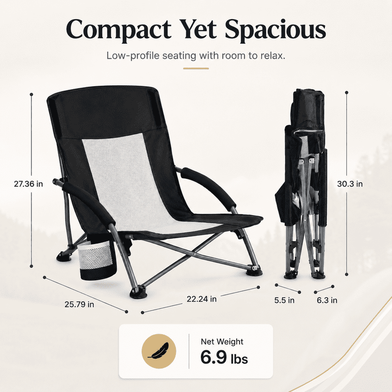 Simple Deluxe Folding Low Beach Chair for Adults, Lightweight Breathable Mesh Back & Storage Pockets Camping Chair with Cup Holder & Padded Armrests, 250 LBS Capacity, Lawn, Picnic, Sand, Black