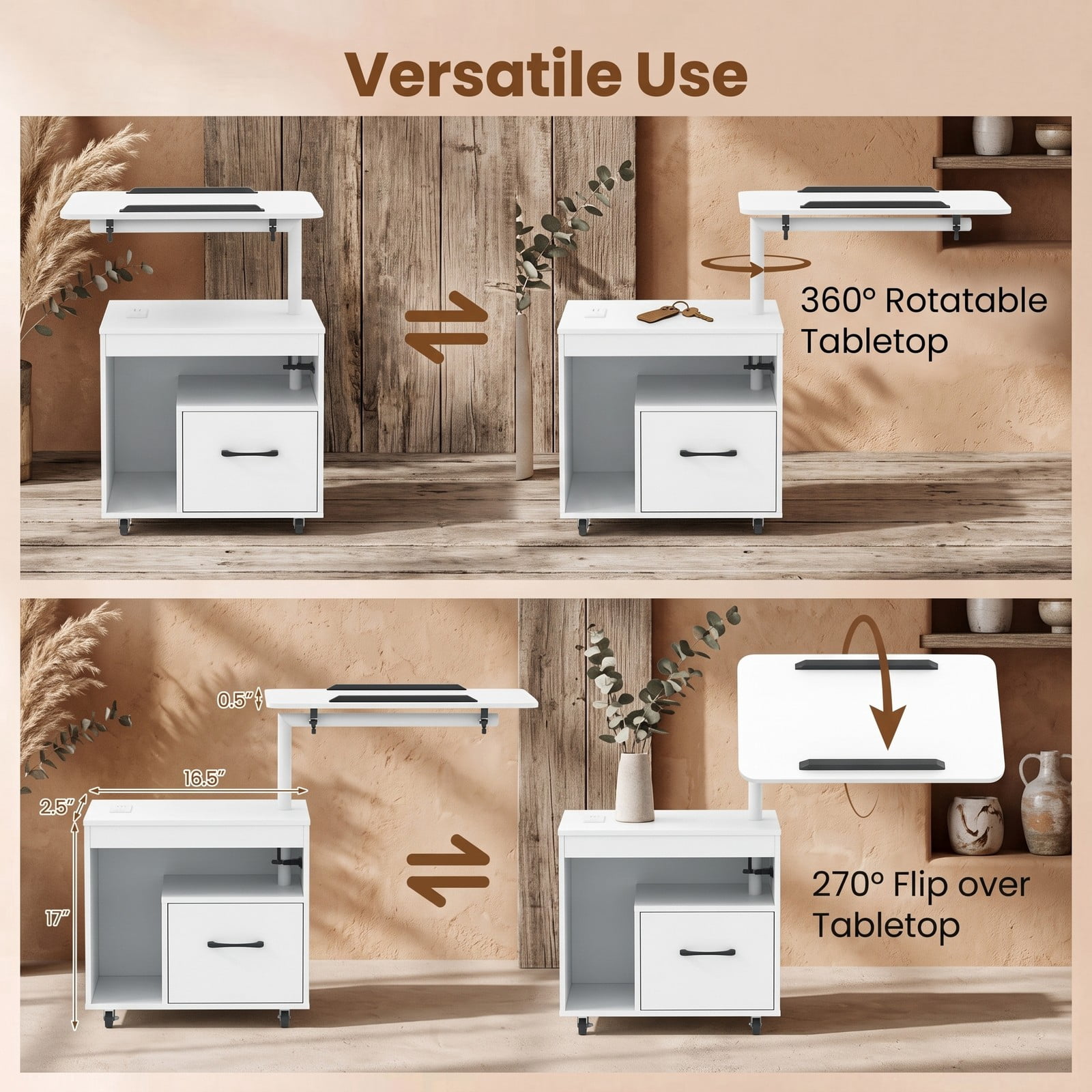Furnibear LED Nightstand with Charging Station and Flip over Rotatable Tabletop and Drawer for Bedroom and Living Room, Modern Bedside Table, White