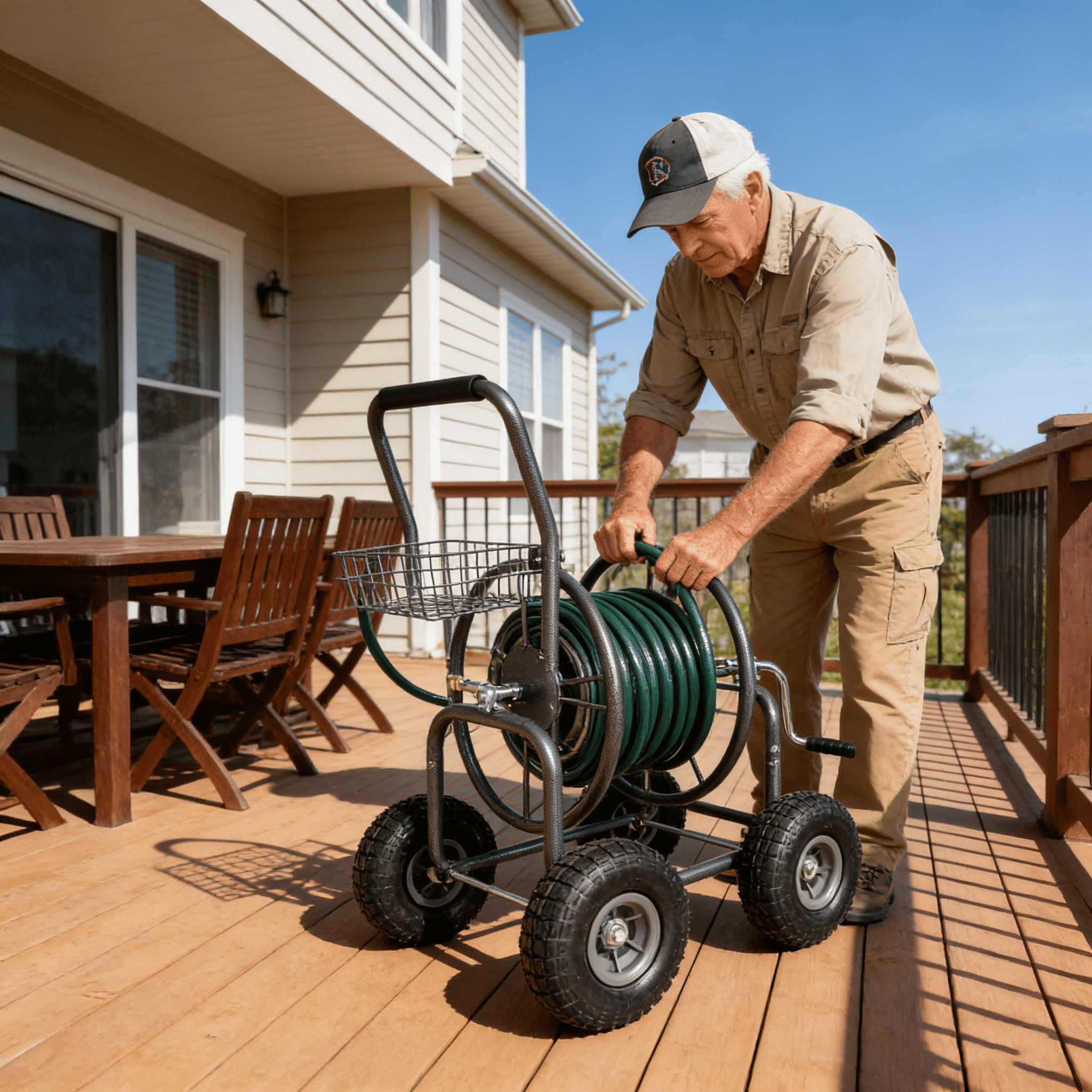 Garden Hose Reel Cart - 4 Wheels Portable Garden Hose Reel Cart with Storage Basket Rust Resistant Heavy Duty Water Hose Holder