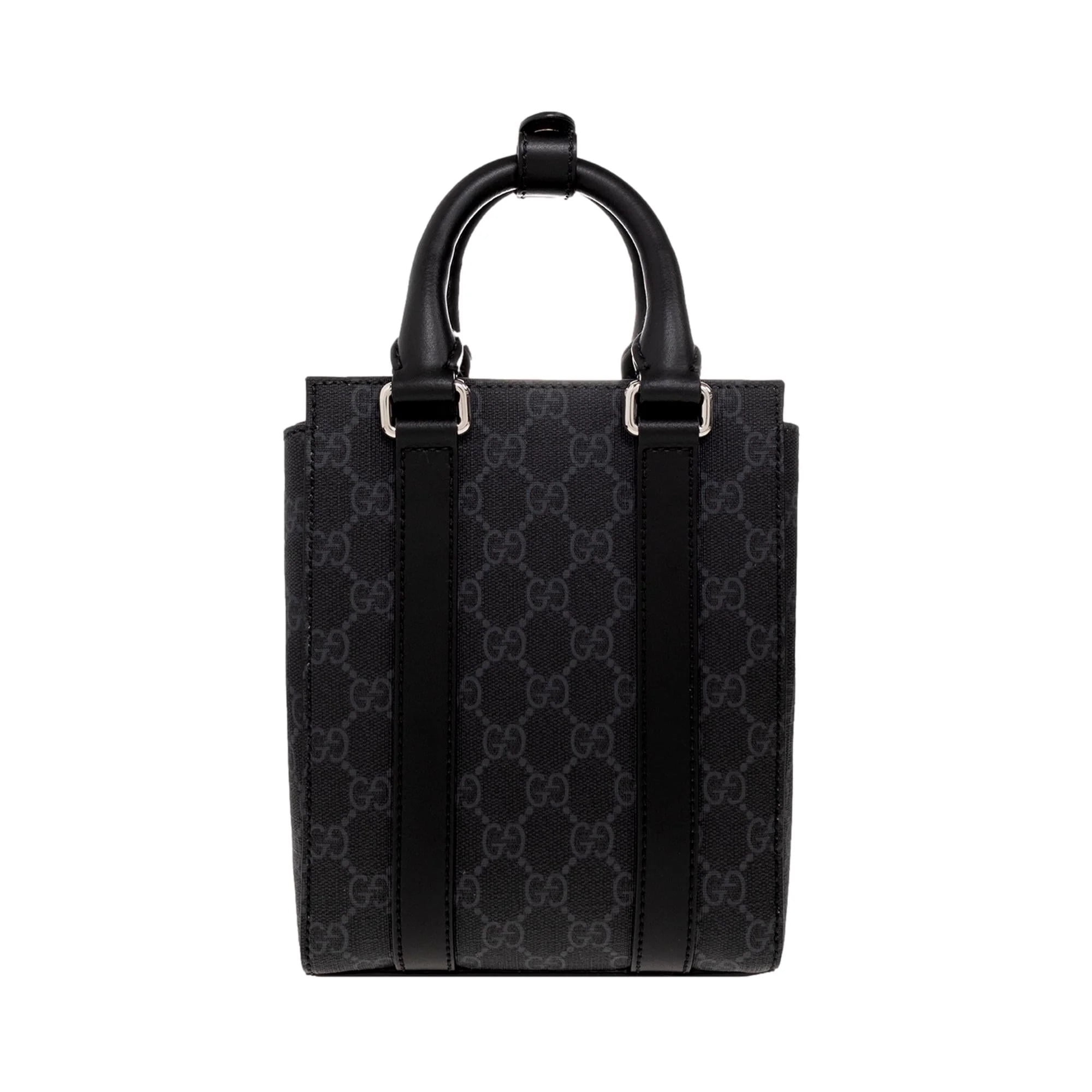 New Gucci GG Supreme Monogram Black Canvas Leather Trim Web Strap Mini Tote  Bag