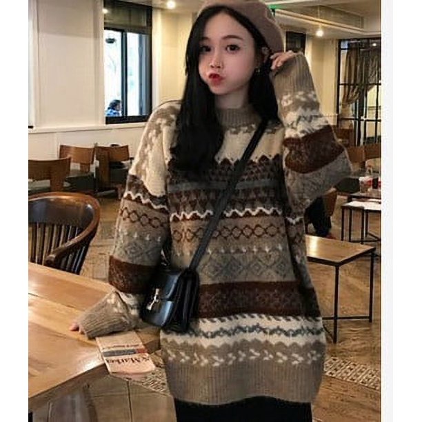 Suéter retro japonés de cuello redondo para mujer, abrigo holgado de manga larga estilo coreano de estilo perezoso para otoño e invierno